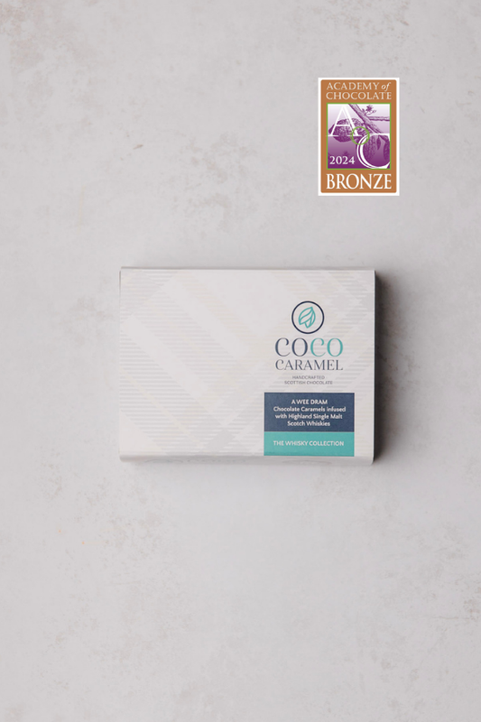 Coco Caramel box with a bronze award on a gray background